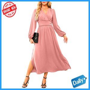 Wrap V-Neck Maxi Dress with Lantern Sleeves, Empire Waist, Ruched Side